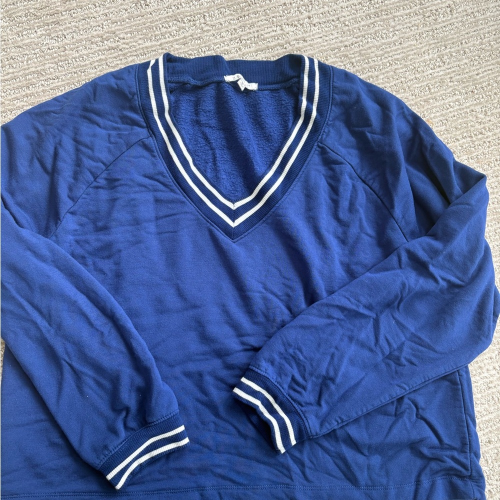 Z Supply Women's blue V-Neck Sweater with White Stripe Trim.